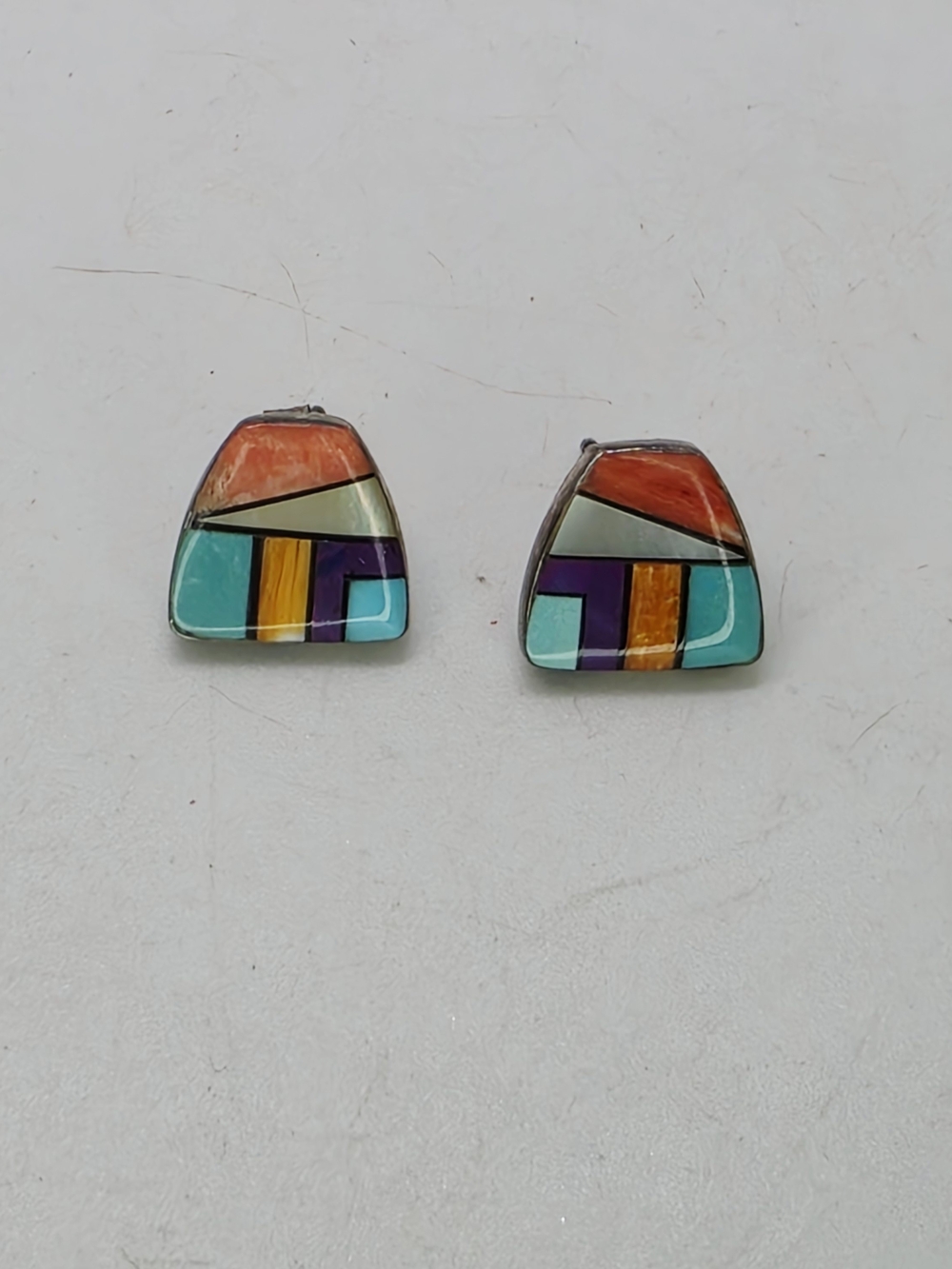 Vtg Sterling Silver Native American Inlay Mosaic Earrings Signed DD Donald Dougl